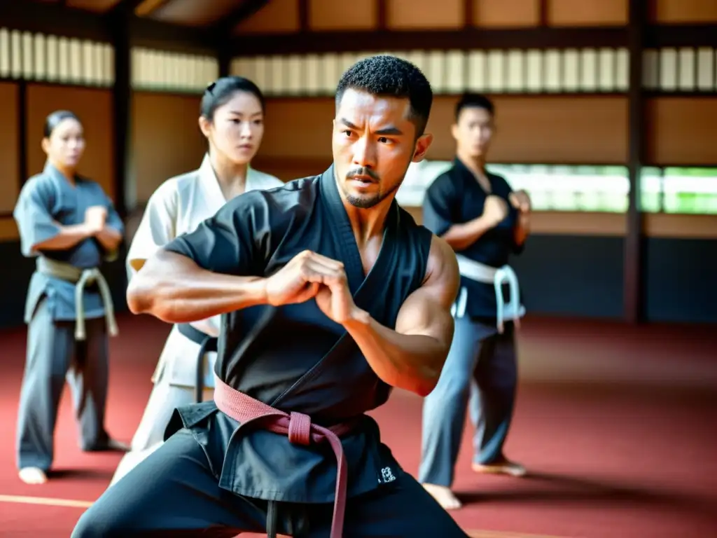 Un instructor de artes marciales lidera una intensa sesión de entrenamiento en un dojo caluroso y húmedo