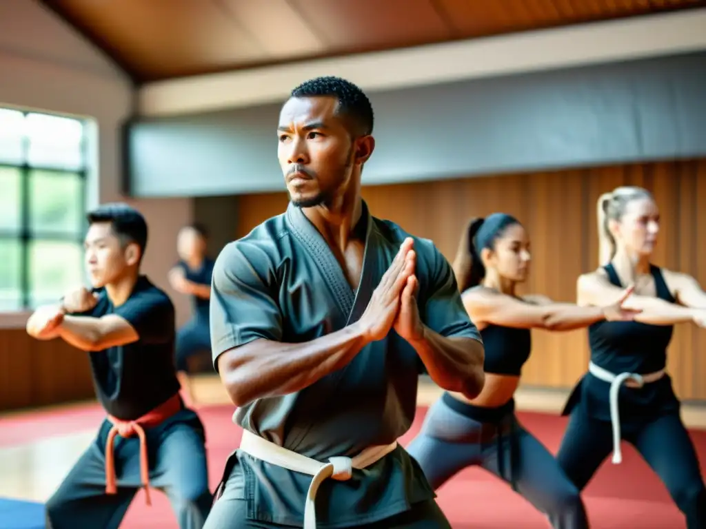 Un instructor de artes marciales lidera un intenso programa de entrenamiento personalizado, con estudiantes dedicados y determinados