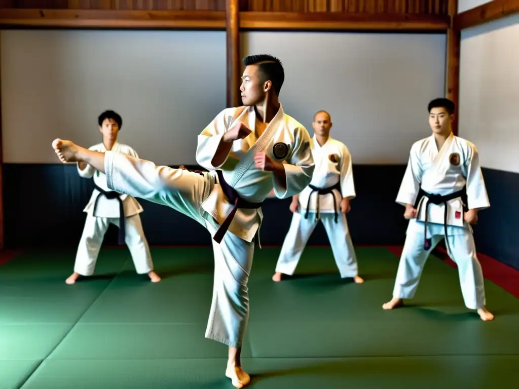 Maestro de artes marciales lidera entrenamiento intenso en dojo tradicional El instructor de artes marciales lidera un intenso entrenamiento en el dojo, destacando la periodización del entrenamiento artes marciales