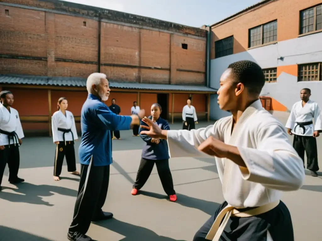 Un instructor de artes marciales guía a jóvenes en un patio urbano