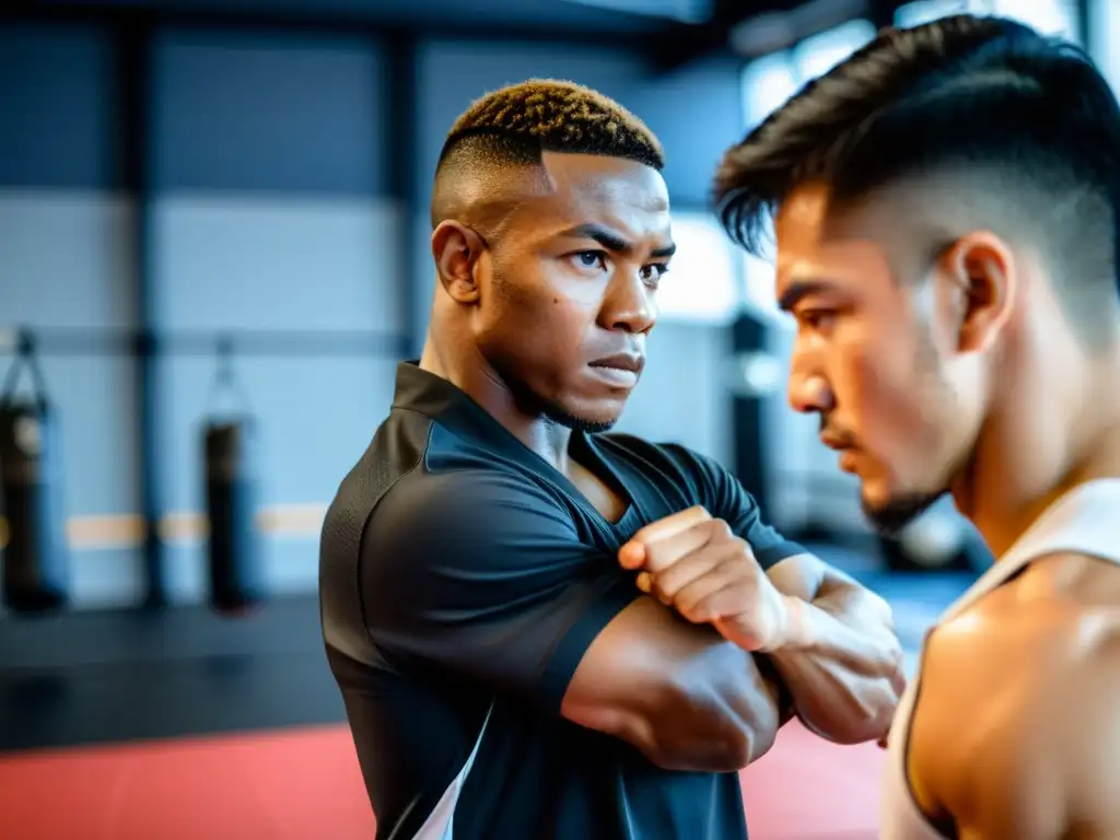 Un instructor de artes marciales en línea guía a un estudiante con precisión y determinación, mostrando maestría y potencia