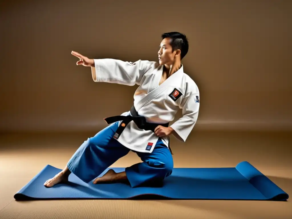 Instructor de judo en acción: precisión y fuerza en el tatami Un instructor de artes marciales demuestra una llave de judo en una alfombrilla de yoga especializada, resaltando la textura y agarre