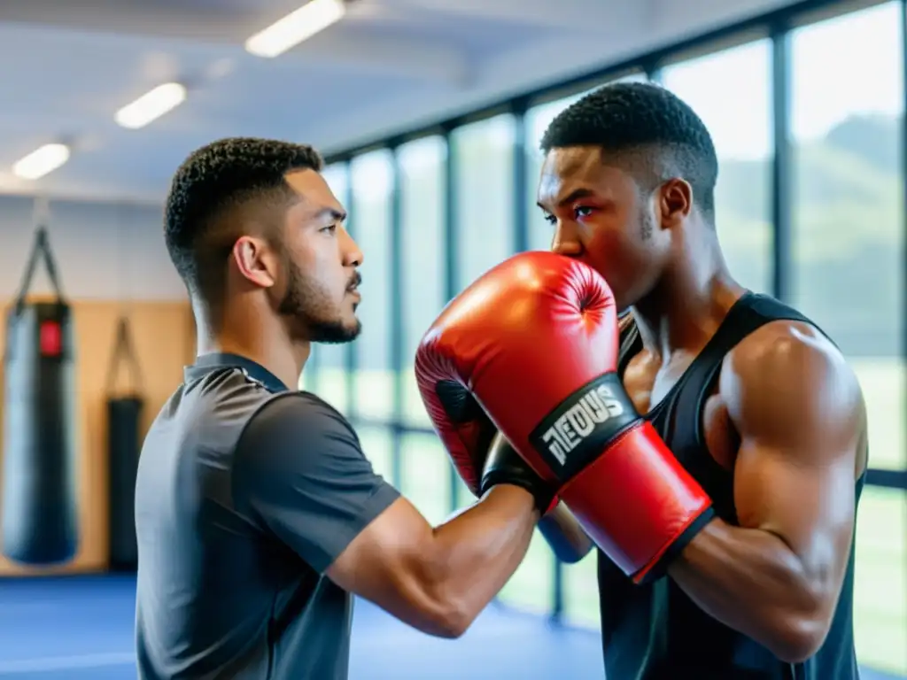 Un instructor de artes marciales usando manoplas de enfoque rojas, enseñando técnica de golpeo a un estudiante en un gimnasio lleno de luz natural