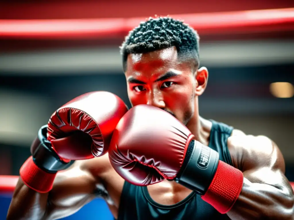 Un instructor de artes marciales con manoplas de enfoque rojas, movimientos rápidos y estudiantes entrenando