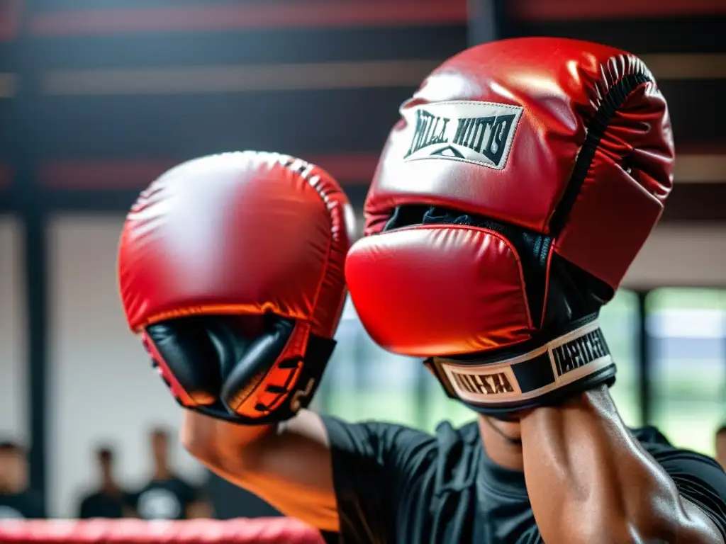 Un instructor de artes marciales usa manoplas de enfoque cubiertas de sudor, mostrando determinación y concentración