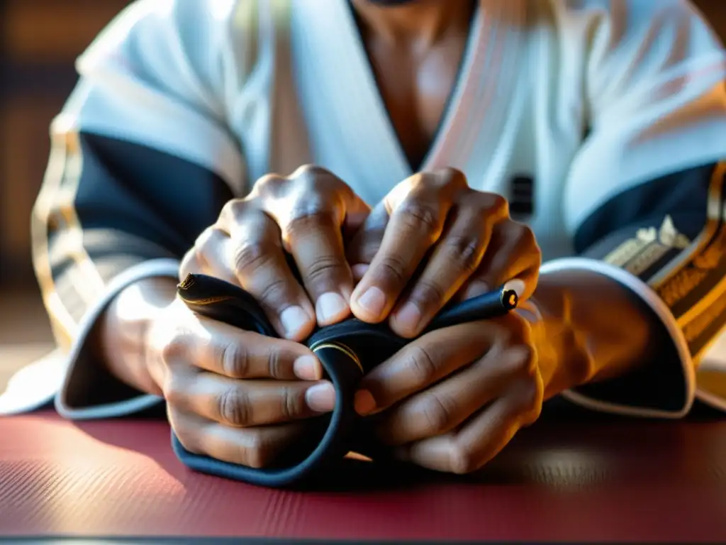 Un instructor de artes marciales envuelve sus manos con vendas tradicionales en un dojo