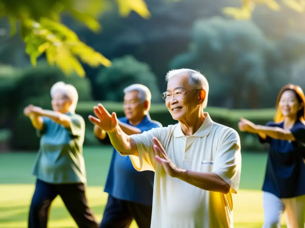 Un instructor de artes marciales para mayores guía con ternura a un grupo de ancianos en una serena sesión de tai chi al amanecer