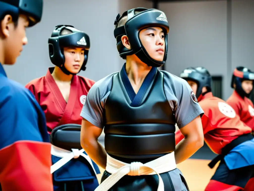 Un instructor de artes marciales demuestra los mejores sistemas de protección corporal en combate, con estudiantes atentos de fondo