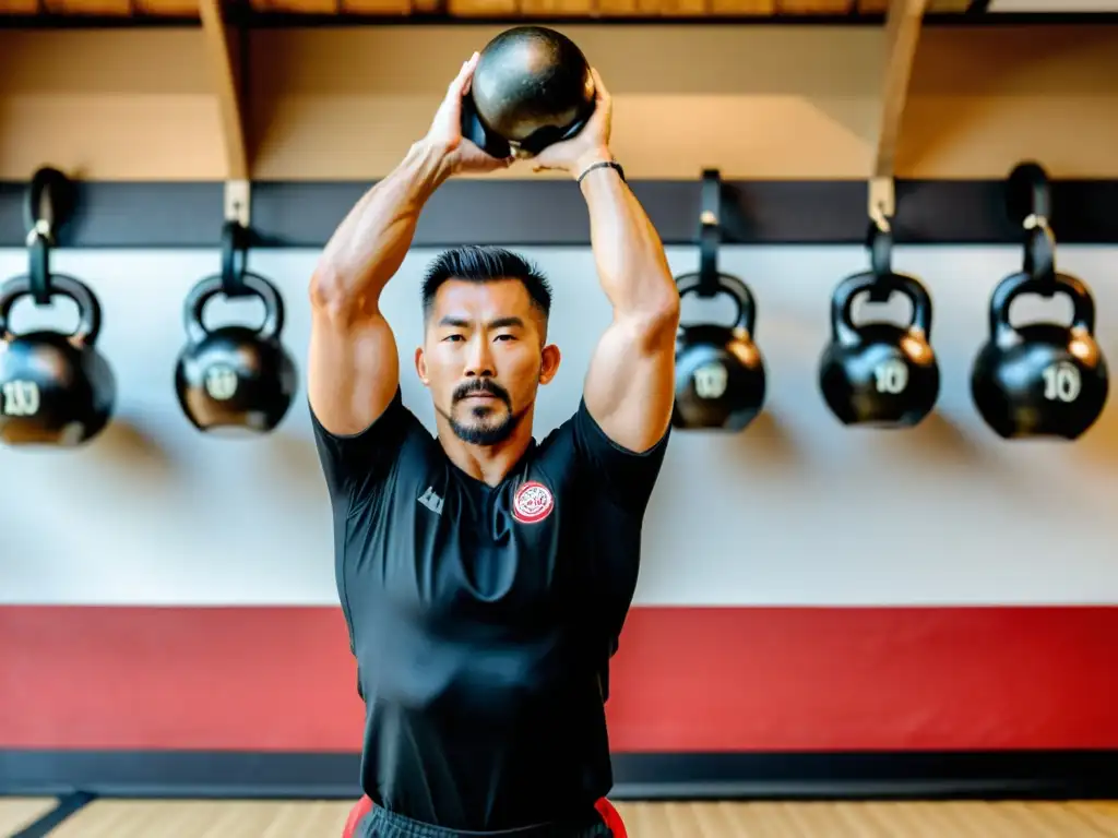 Un instructor de artes marciales demuestra movimientos poderosos y fluidos con una pesa rusa en un dojo tradicional, fusionando el entrenamiento de pesas rusas en la práctica de artes marciales