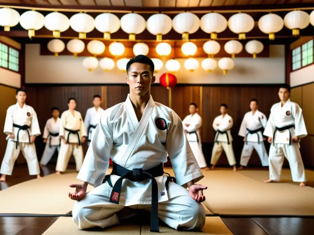 Un instructor de artes marciales demostrando movimientos precisos en un dojo tradicional, rodeado de estudiantes