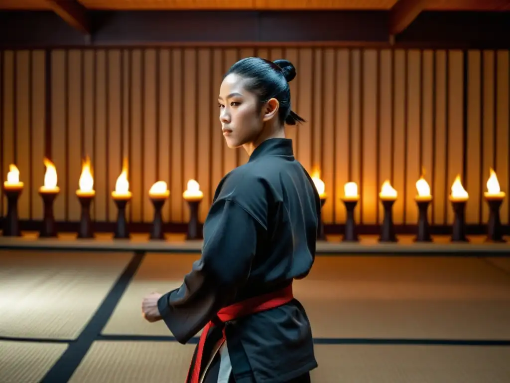 Un instructor de artes marciales muestra movimientos precisos en un dojo iluminado por velas, creando una atmósfera misteriosa y cautivadora