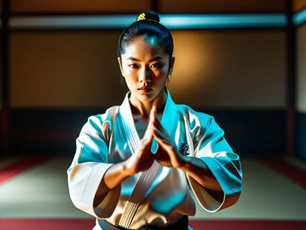 Un instructor de artes marciales muestra movimientos precisos en un dojo, destacando la disciplina y habilidad necesarias