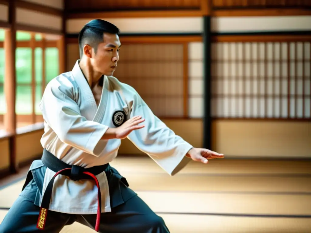 Instructor de artes marciales en acción Un instructor de artes marciales muestra movimientos precisos y poderosos en un dojo tradicional, transmitiendo determinación y habilidad