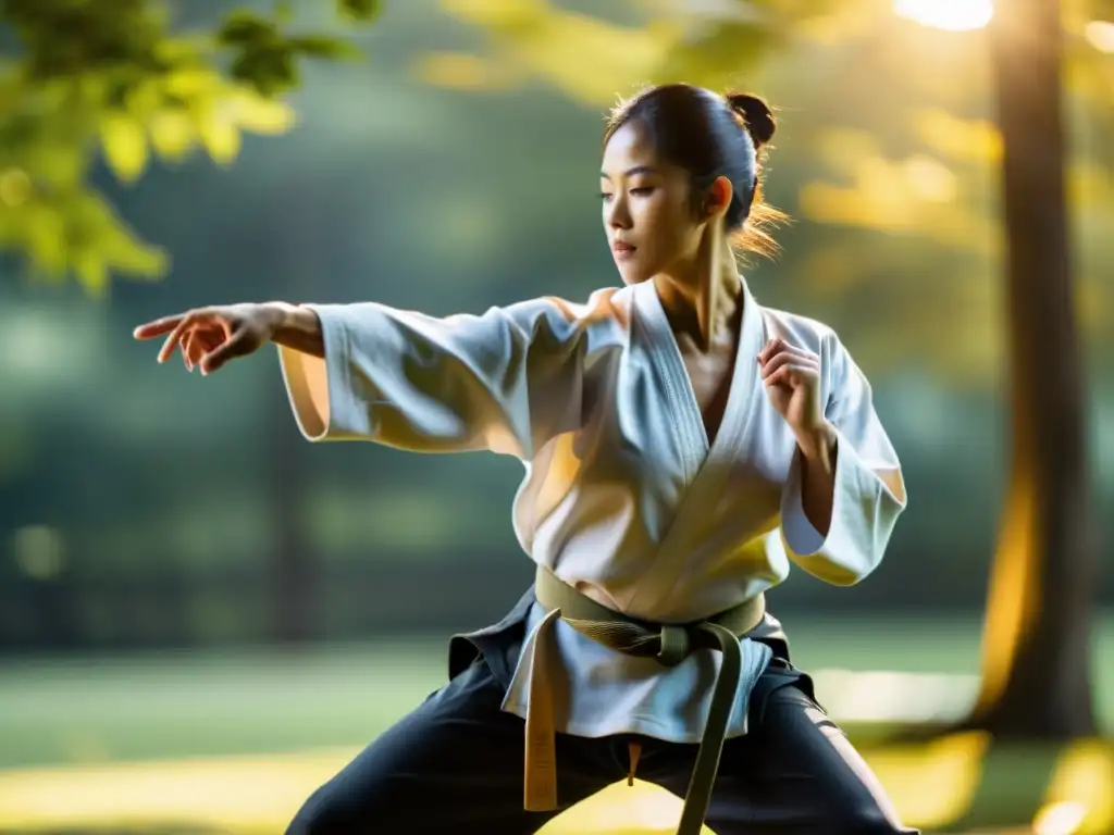 Un instructor de artes marciales realiza movimientos precisos y poderosos al aire libre, con luz dorada