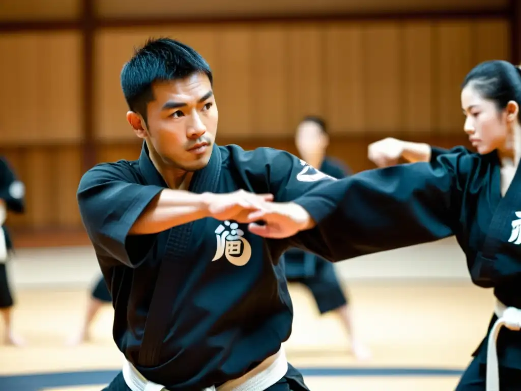 Un instructor de artes marciales demuestra movimientos precisos en un dojo tradicional, creando una atmósfera de preparación eventos artes marciales