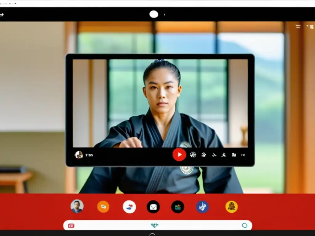 Un instructor de artes marciales realiza movimientos precisos en una clase virtual, con estudiantes atentos en casa