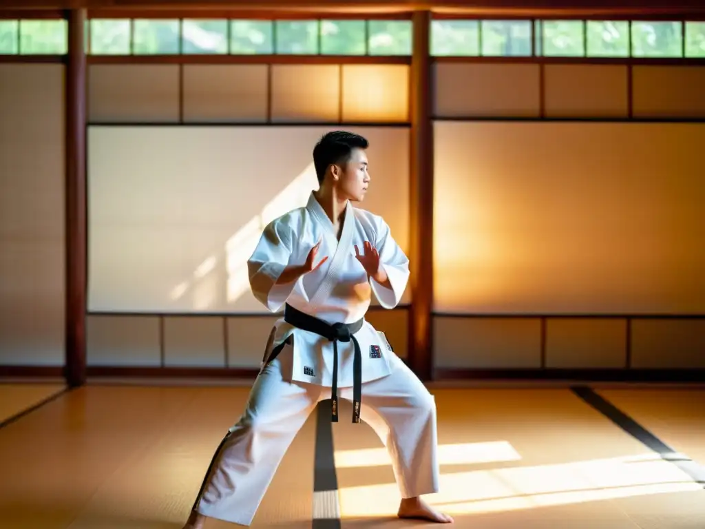 Un instructor de artes marciales muestra movimientos precisos en un dojo tradicional, resaltando la importancia del entrenador en artes marciales