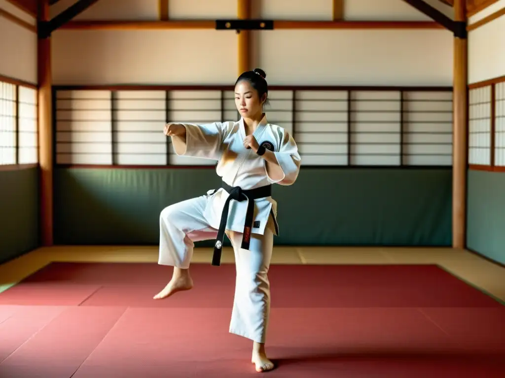 Un instructor de artes marciales demuestra movimientos precisos en un dojo tradicional, mientras los estudiantes practican diversas técnicas