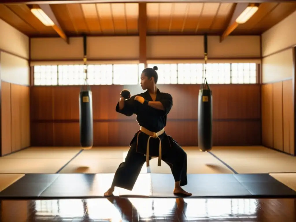 Un instructor de artes marciales muestra movimientos precisos en un dojo soleado