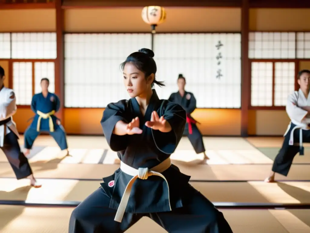 Un instructor de artes marciales muestra movimientos precisos a estudiantes en un dojo tradicional