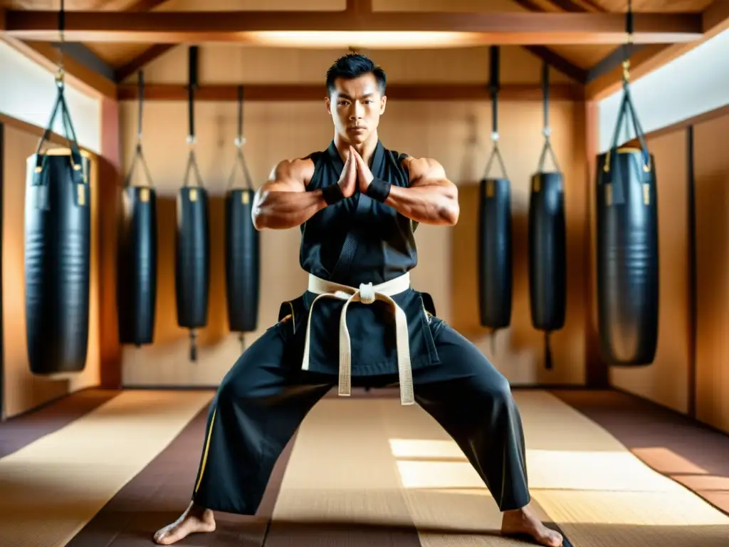 Un instructor de artes marciales con músculos tonificados y enfoque intenso, demostrando movimientos ágiles en un dojo tradicional