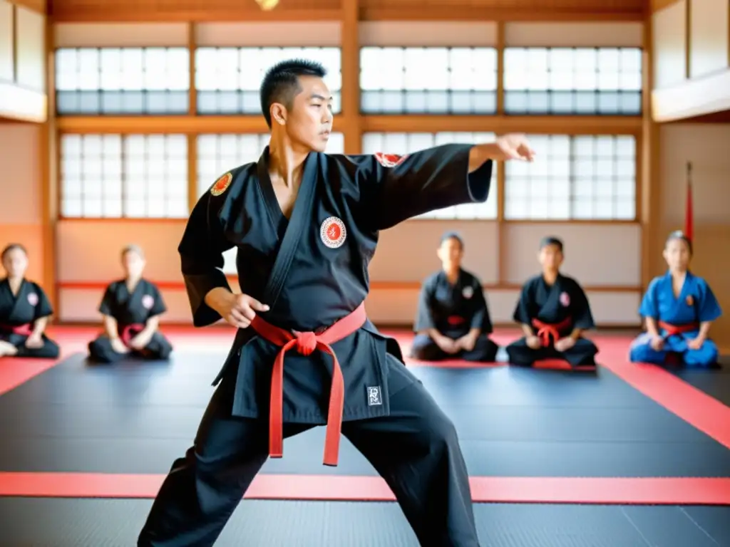 Un instructor de artes marciales con un gi negro y cinturón rojo dirige una clase en un dojo luminoso, con estudiantes de todas las edades y orígenes