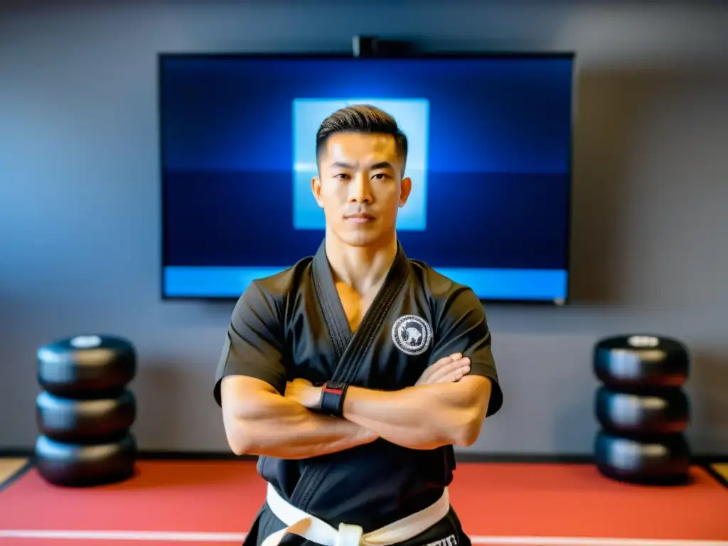 Un instructor de artes marciales online dirige una clase virtual, con estudiantes dedicados siguiendo cada movimiento