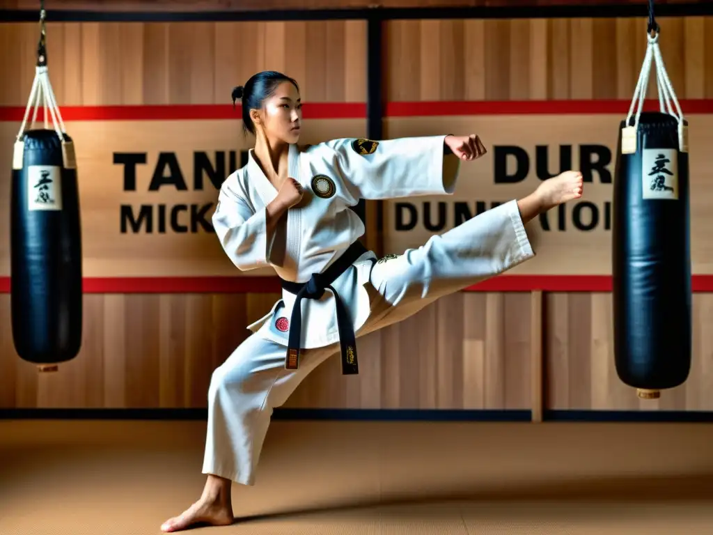 Un instructor de artes marciales muestra una patada precisa y poderosa en un dojo tradicional, evocando dedicación y maestría