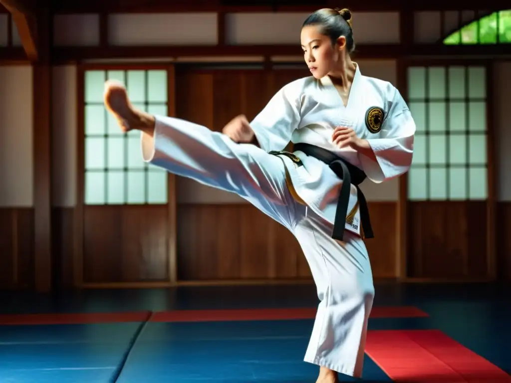 Un instructor de artes marciales demostrando una patada precisa y poderosa en un dojo tradicional bien iluminado