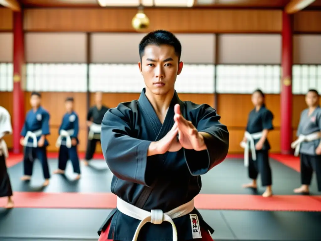 Un instructor de artes marciales demuestra una patada precisa en un dojo lleno de determinación y disciplina