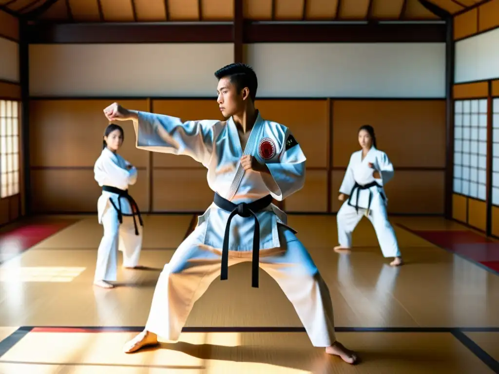 Un instructor de artes marciales demuestra una patada precisa y potente en un dojo soleado, rodeado de estudiantes atentos en uniformes blancos