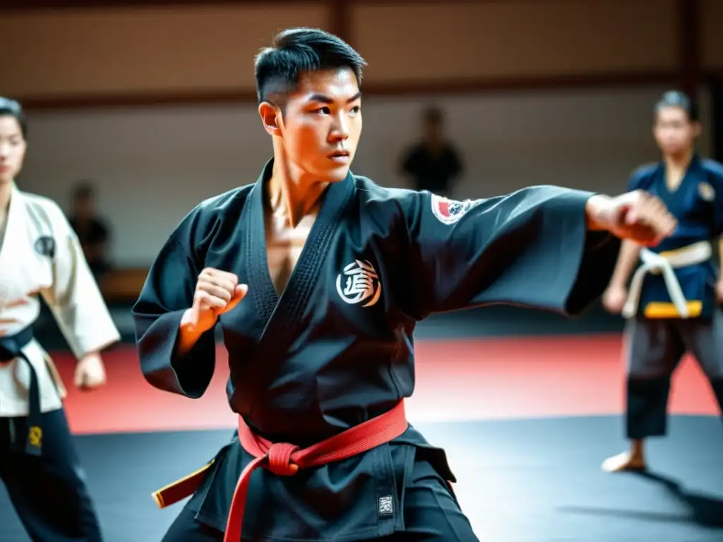 Un instructor de artes marciales demostrando una patada precisa y poderosa en un dojo lleno de estudiantes practicando diversas técnicas