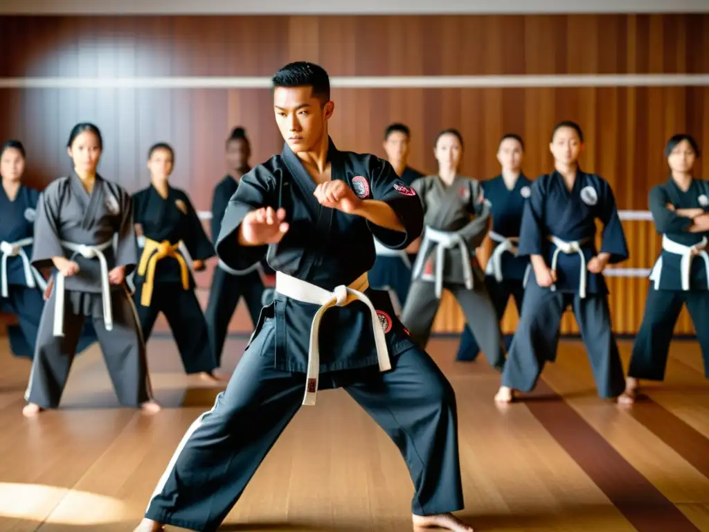 Un instructor de artes marciales demuestra una patada poderosa en un dojo, con estudiantes concentrados