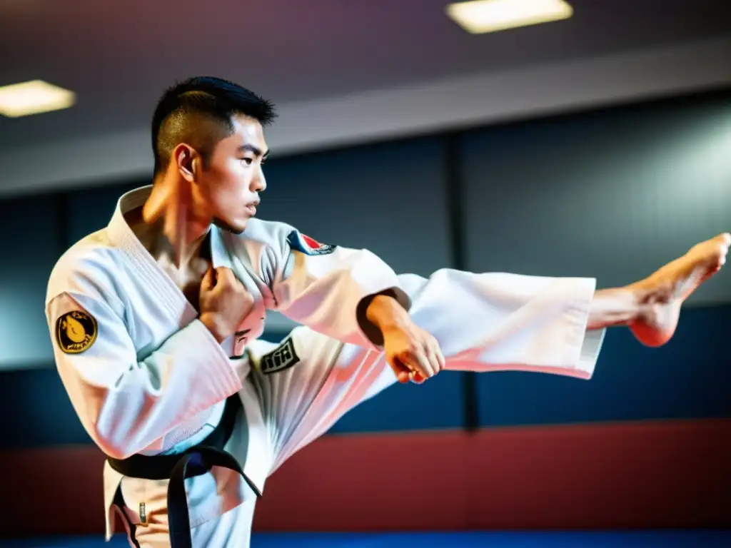 Un instructor de artes marciales demuestra una patada compleja de taekwondo en un salón de entrenamiento, con enfoque y determinación