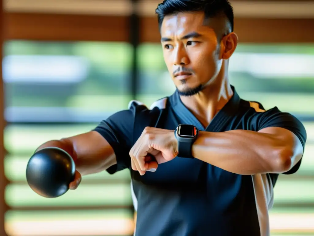 Un instructor de artes marciales muestra un poderoso y preciso golpe en un dojo tradicional, usando un moderno wearable para arte marcial