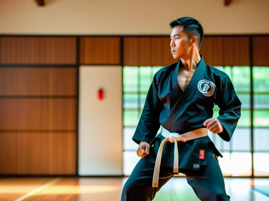 Un instructor de artes marciales realiza una potente patada en un espacio amplio y luminoso