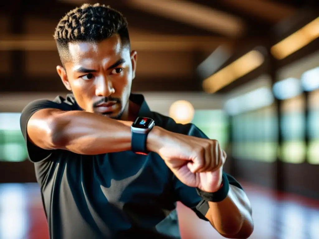 Un instructor de artes marciales muestra un potente golpe en un dojo tradicional, con rastreadores de fitness en la muñeca