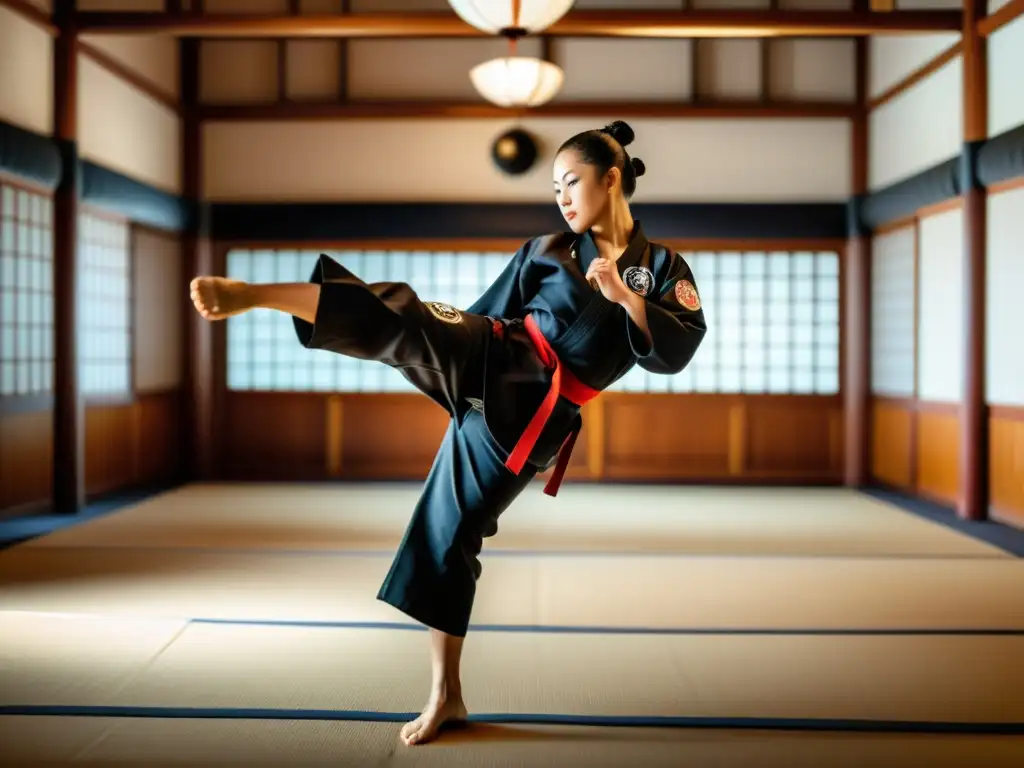 Un instructor de artes marciales ejecuta un potente y preciso golpe en un dojo tradicional, con concentración en su mirada