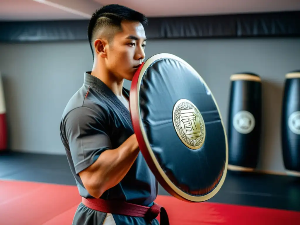 Un instructor de artes marciales profesional inspecciona con cuidado un escudo de golpeo, destacando la dedicación y meticulosidad en su mantenimiento