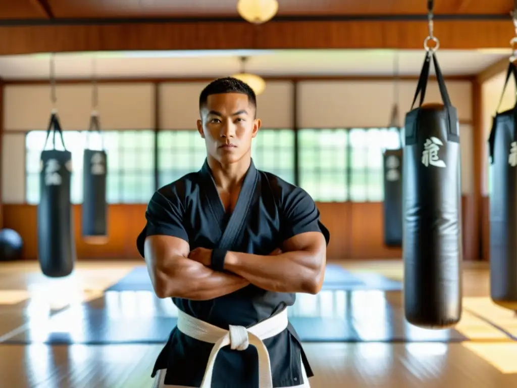 Un instructor de artes marciales con rastreador de fitness, rodeado de estudiantes en un dojo iluminado por el sol