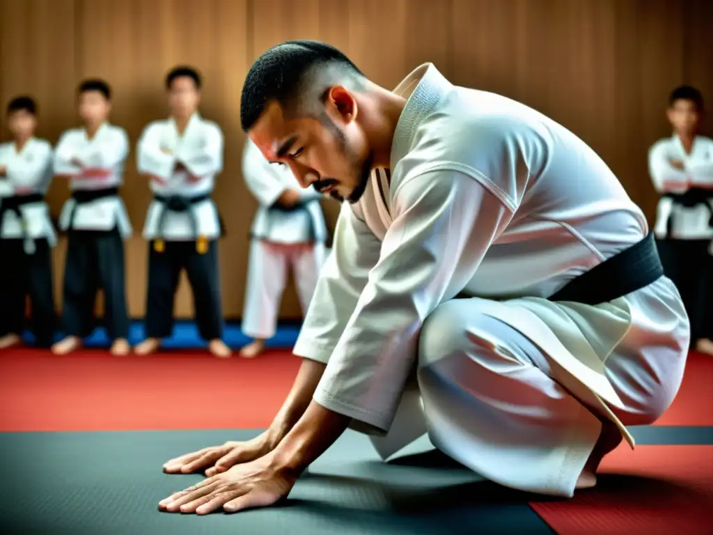 Un instructor de artes marciales se inclina con respeto en un dojo tradicional