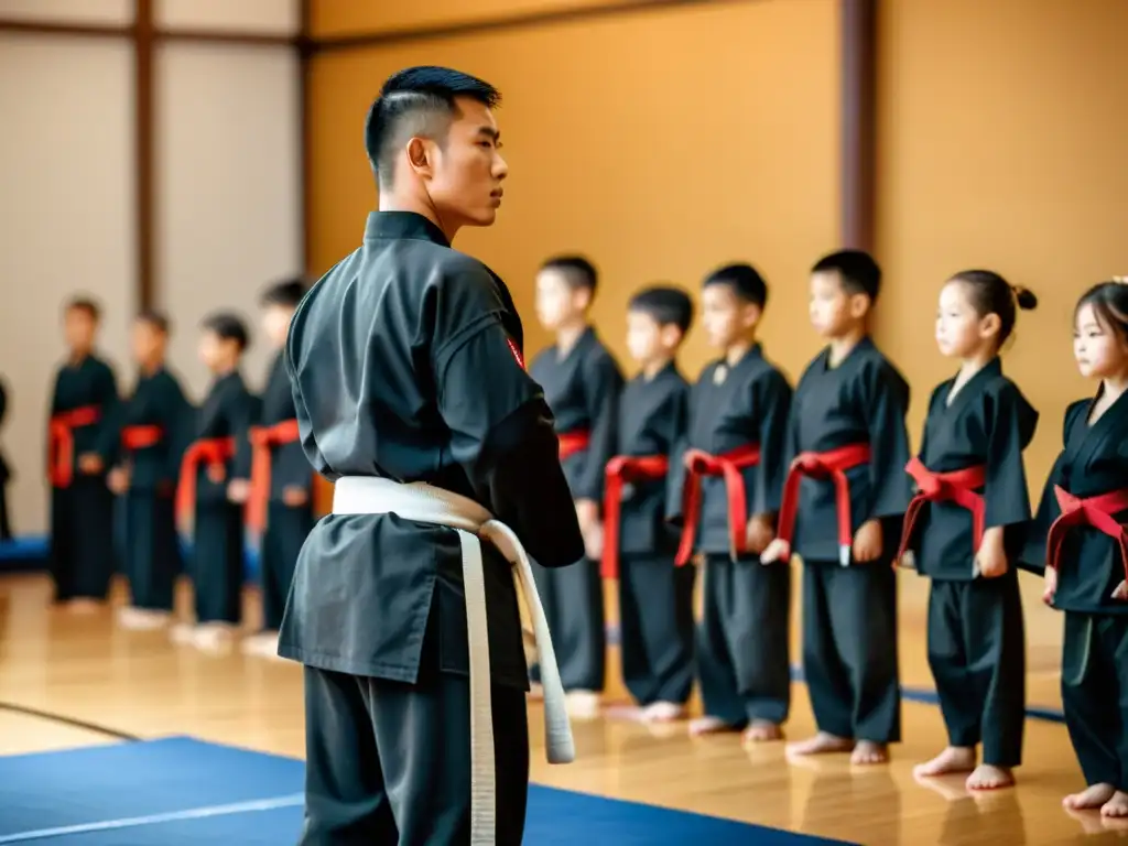 Un instructor de artes marciales muestra respeto al iniciar la clase, enfatizando la ética en la enseñanza de artes marciales