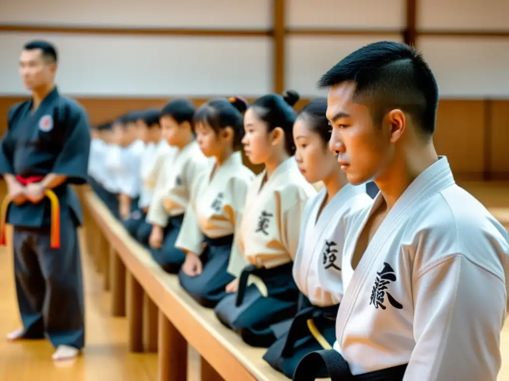 Un instructor de artes marciales se inclina con respeto ante sus estudiantes en un dojo tradicional japonés, mostrando la ética en la enseñanza de artes marciales