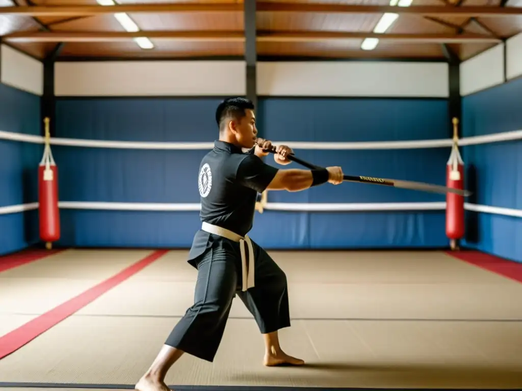 Un instructor de artes marciales Filipinas demuestra Eskrima en un salón tradicional