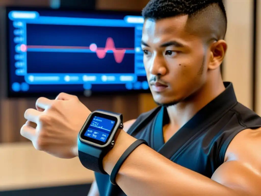 Un instructor de artes marciales usa wearables con sensores de movimiento para demostrar un golpe preciso, fusionando tradición y tecnología