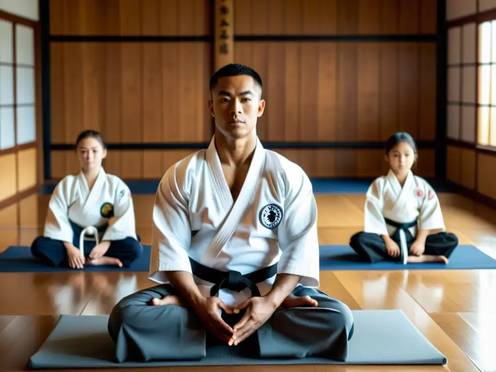 Un instructor de artes marciales observa sereno a sus estudiantes practicando técnicas en un dojo luminoso