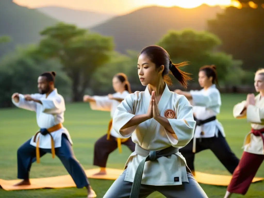 Un instructor de artes marciales sereno guía a un grupo de estudiantes en un entorno al aire libre, practicando con gracia y tranquilidad