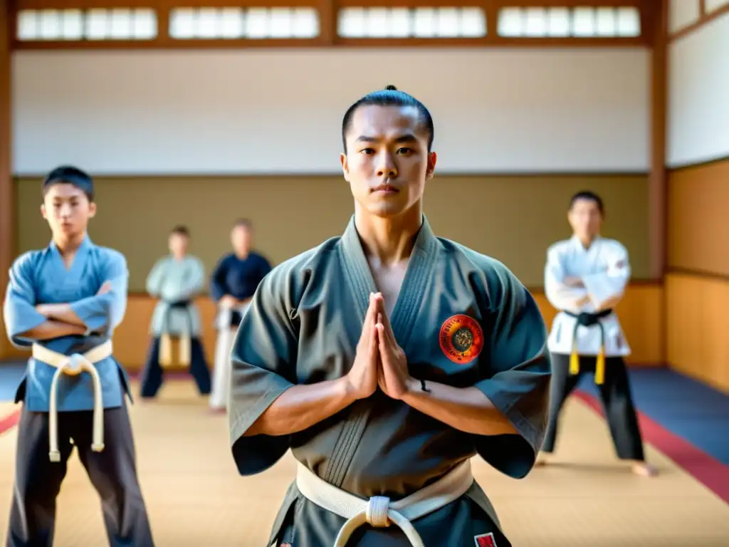 Un instructor de artes marciales sereno en un dojo, rodeado de estudiantes practicando con disciplina y no violencia