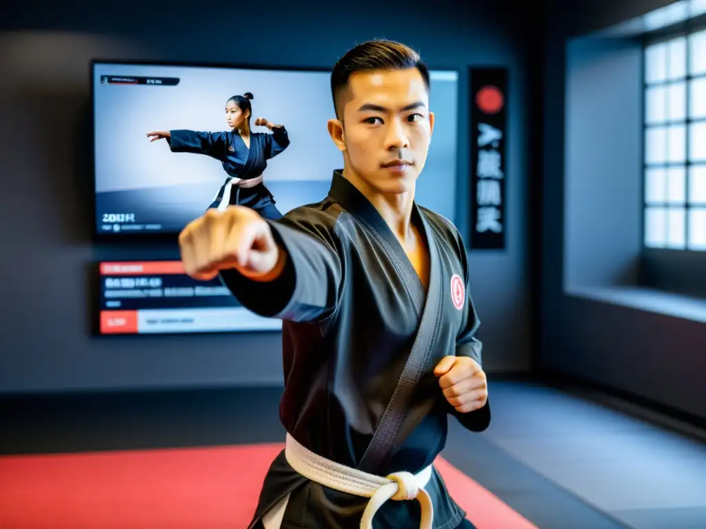 Un instructor de artes marciales lidera una sesión de entrenamiento virtual, combinando sabiduría ancestral con tecnología moderna para ofrecer entrenamiento personalizado en línea