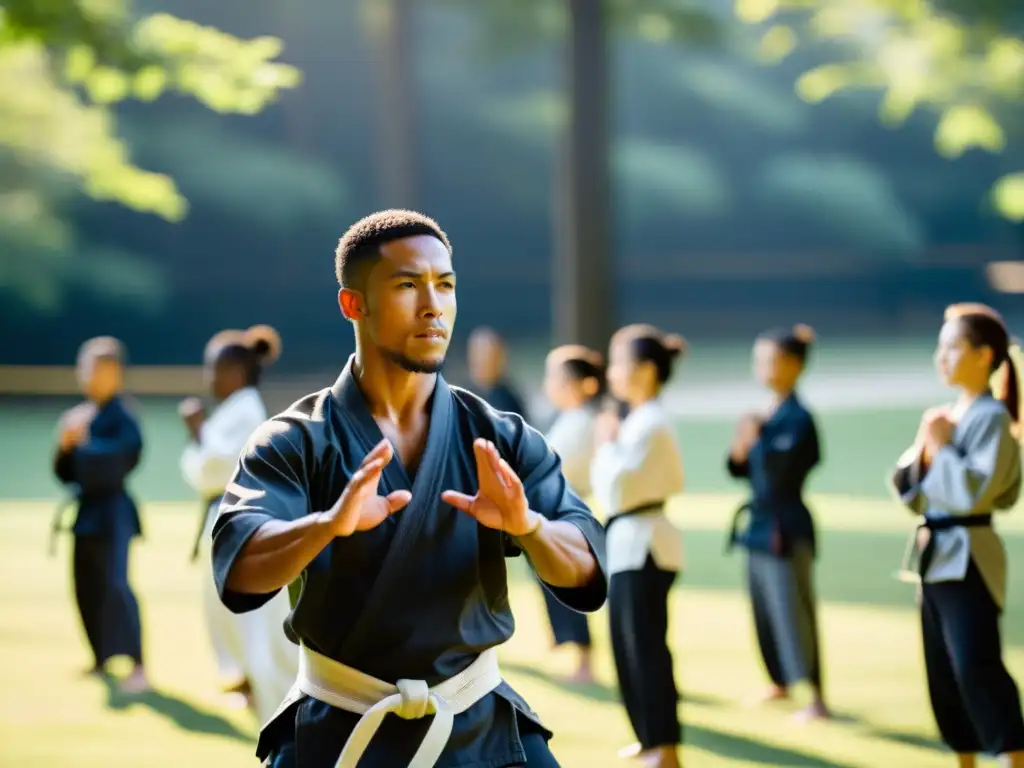 Un instructor de artes marciales lidera una sesión de acondicionamiento físico al aire libre, mostrando determinación y unidad